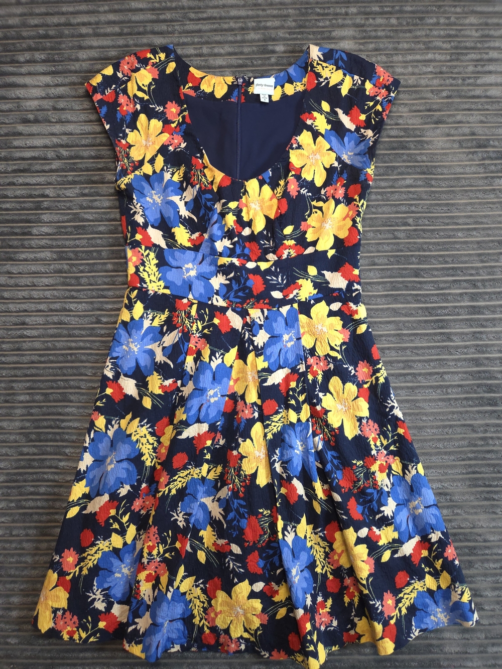 Tracy Reese Navy Floral Midi Dress with Blue, Yellow & Red Blooms